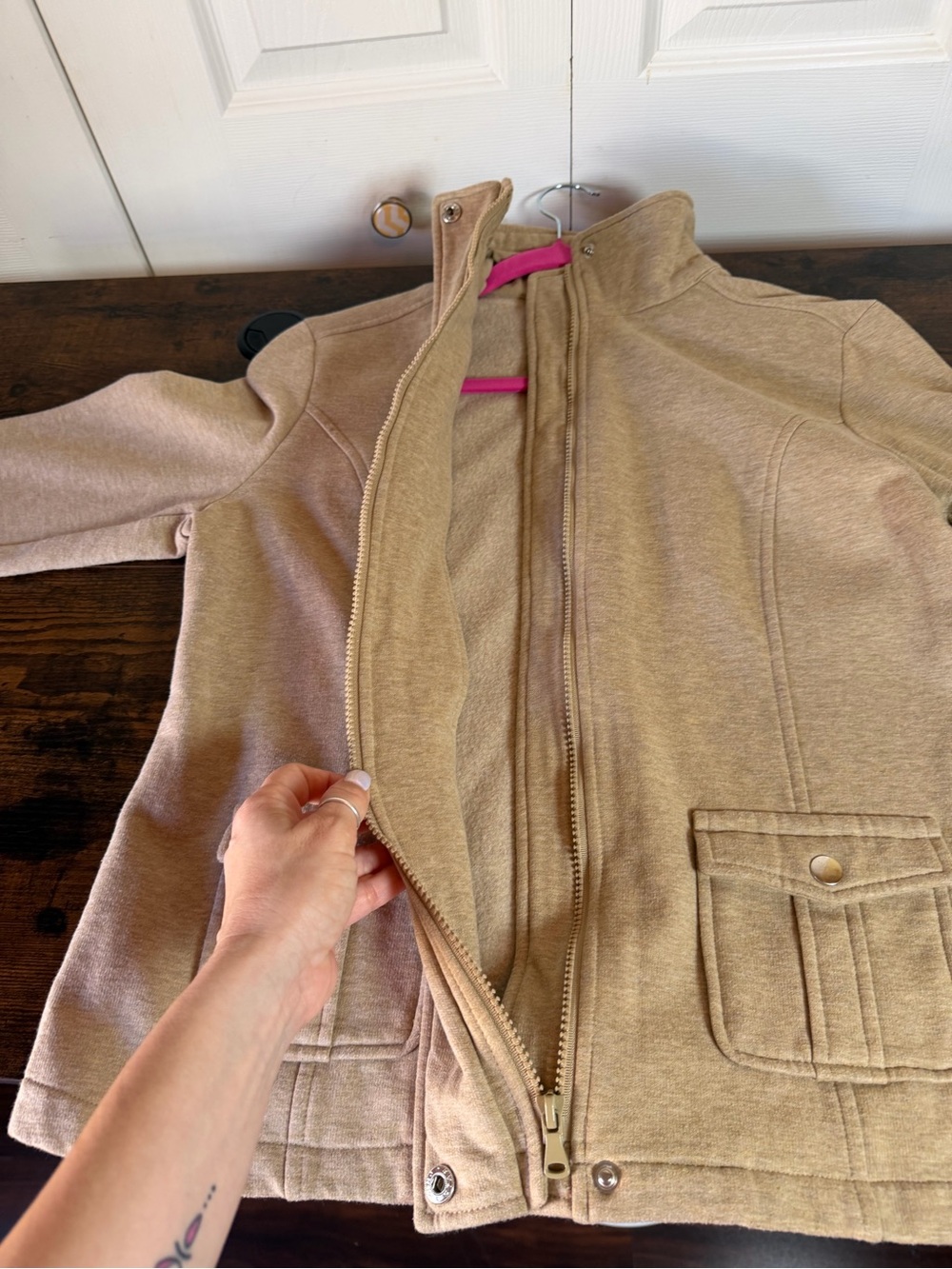 Liz Claiborne Women’s Medium Tan Beige Full Zip Mock Neck Jacket Cotton Blend - Picture 7 of 16